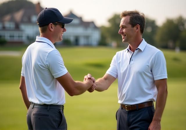 Due golfisti eleganti che si stringono la mano sul campo